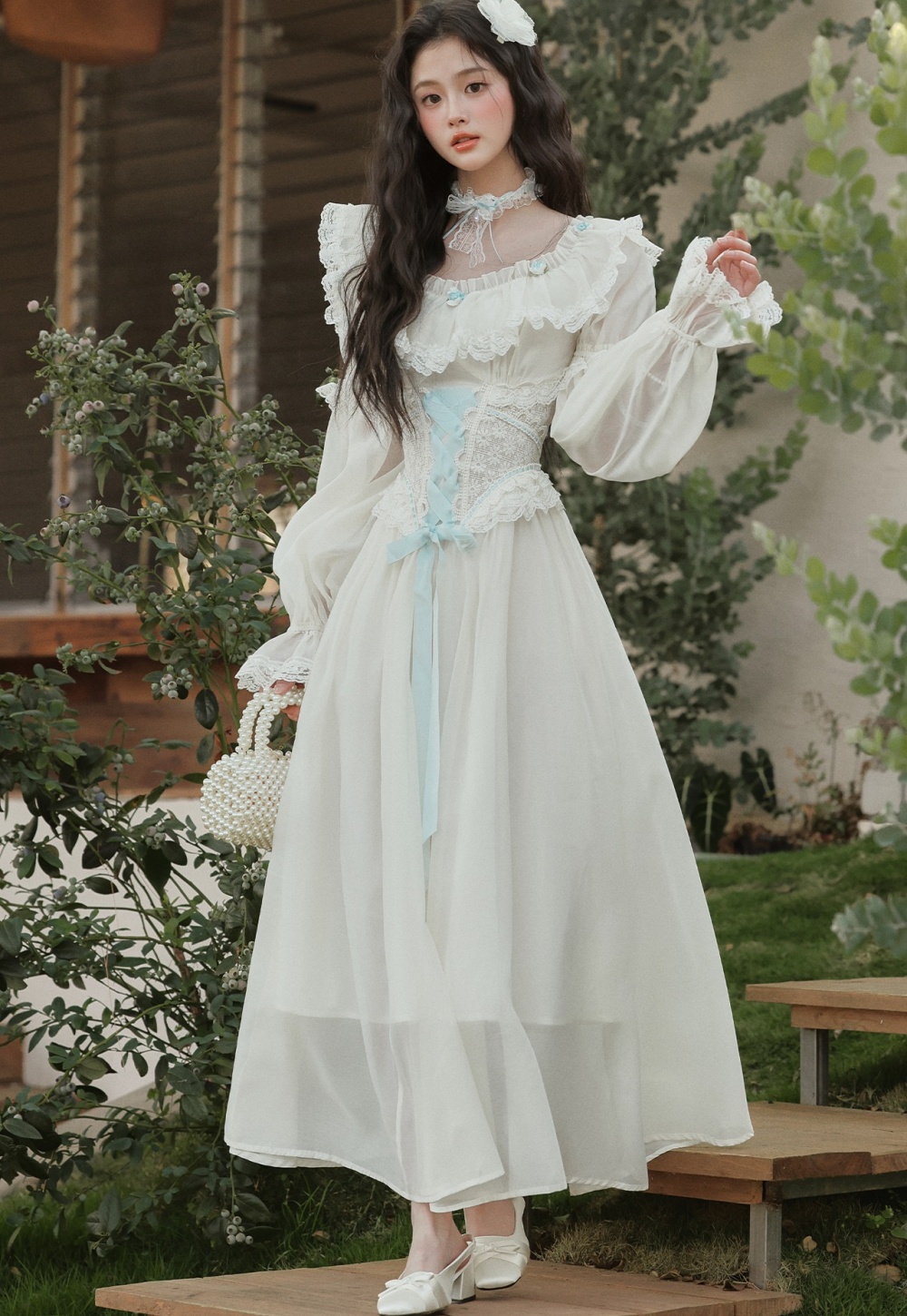 Lady retro long dress sweet flat shoulder dress