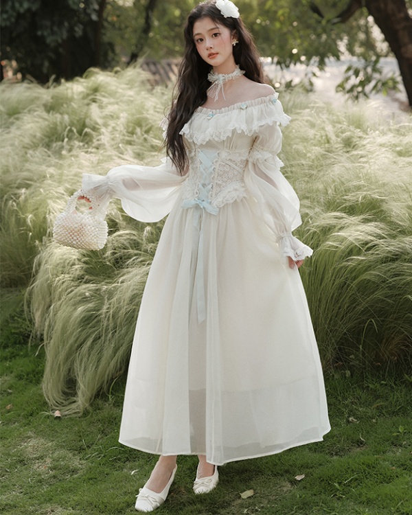Lady retro long dress sweet flat shoulder dress