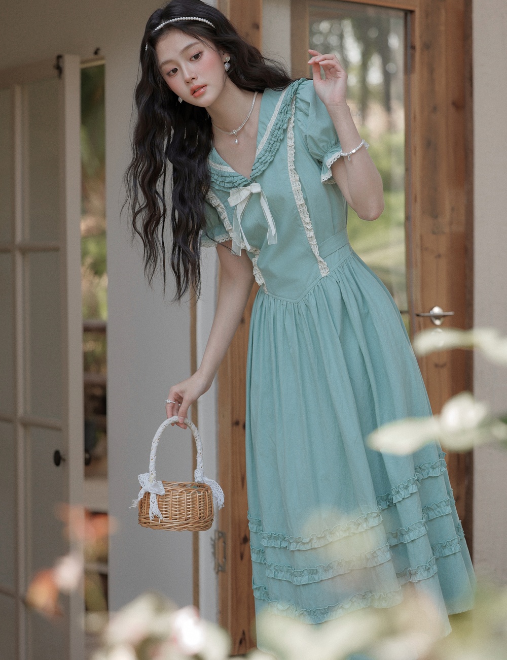 Countryside France style retro big skirt puff sleeve thin dress