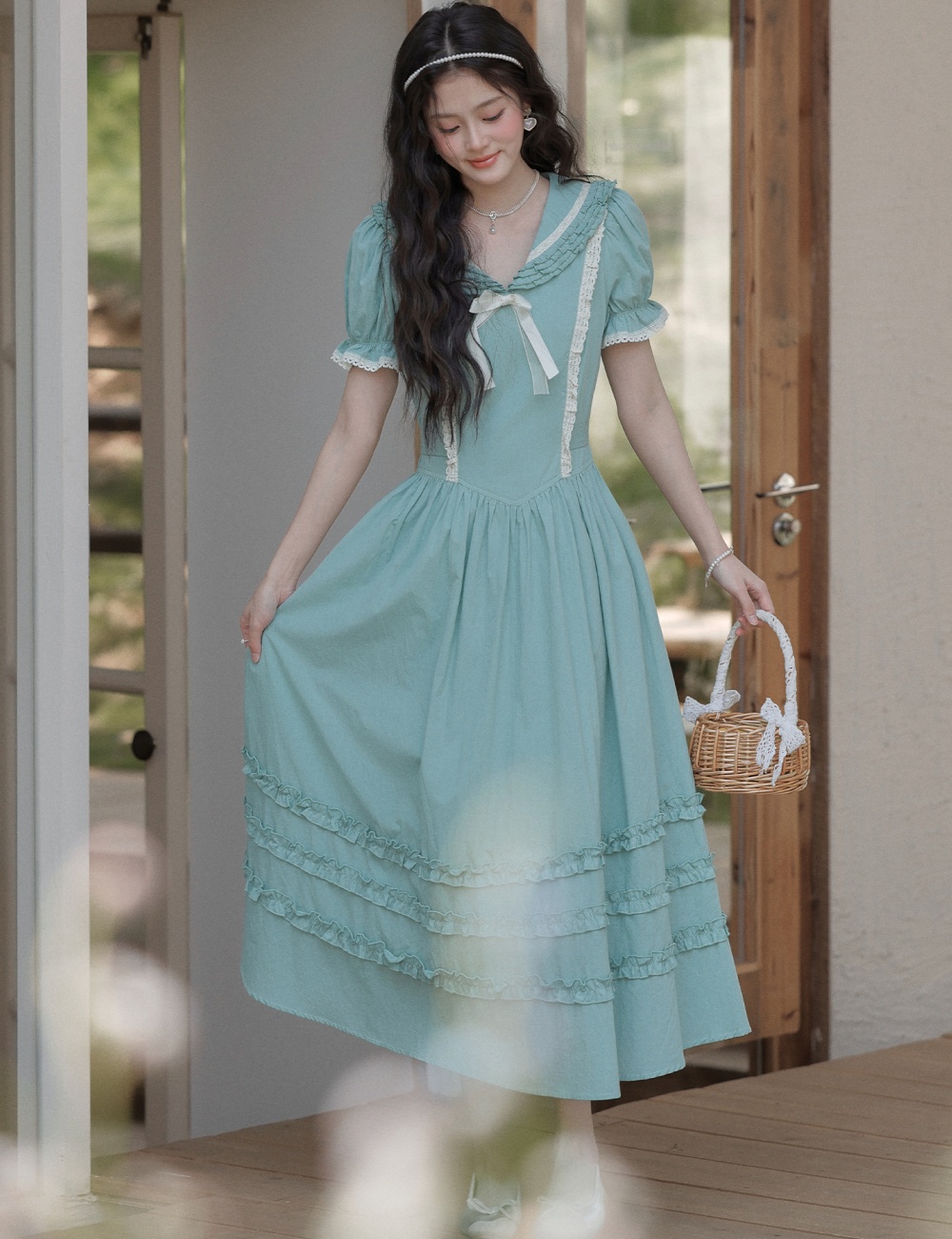Countryside France style retro big skirt puff sleeve thin dress