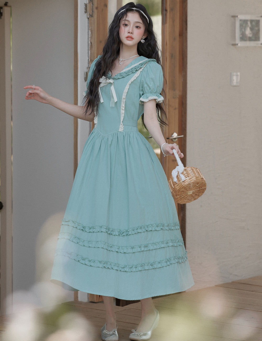 Countryside France style retro big skirt puff sleeve thin dress