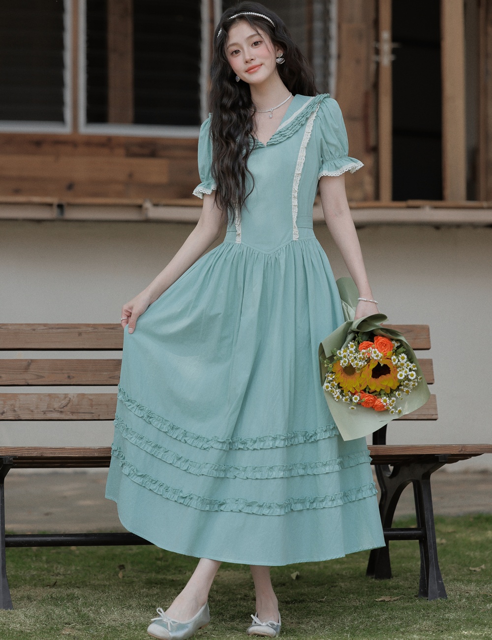 Countryside France style retro big skirt puff sleeve thin dress