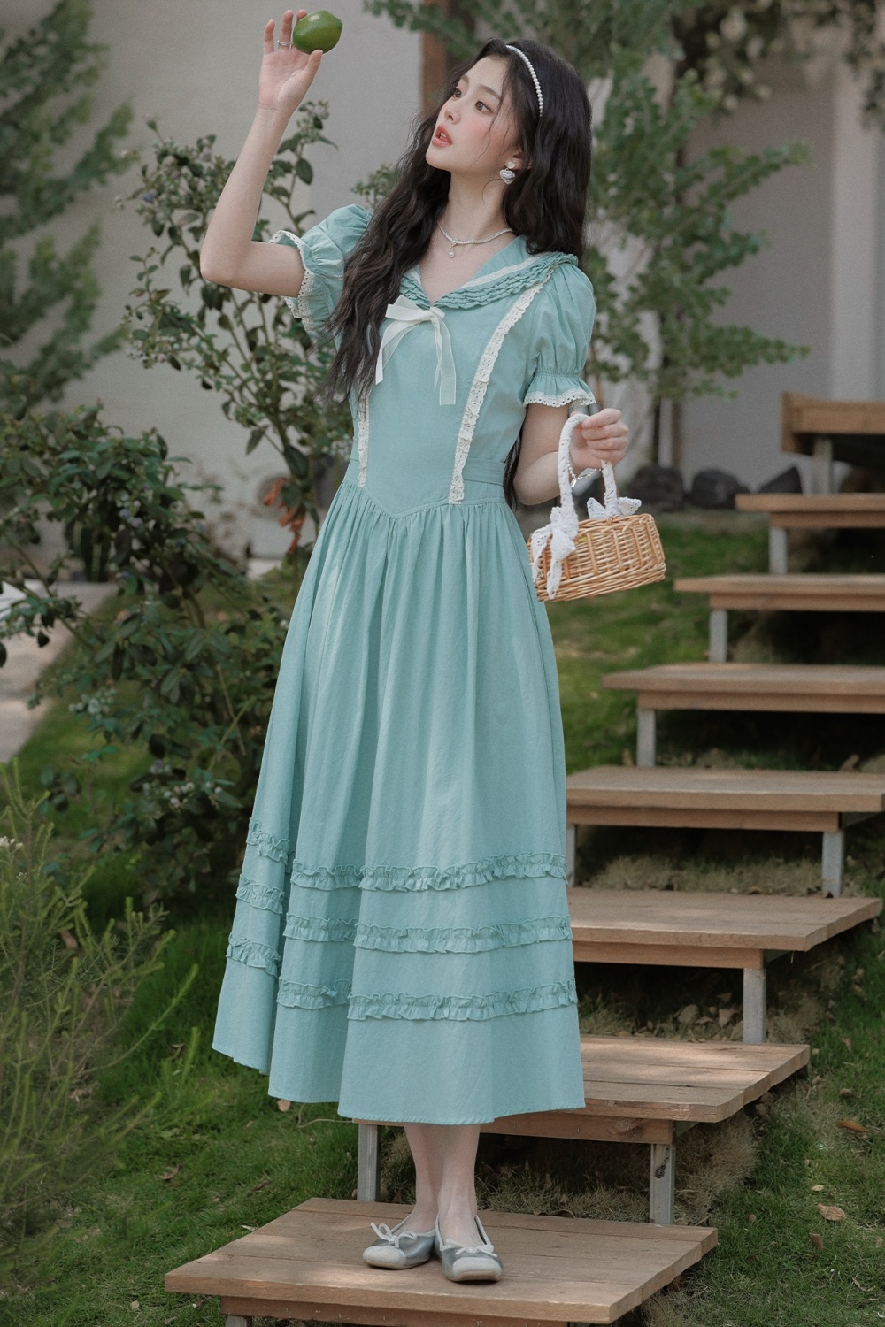 Countryside France style retro big skirt puff sleeve thin dress