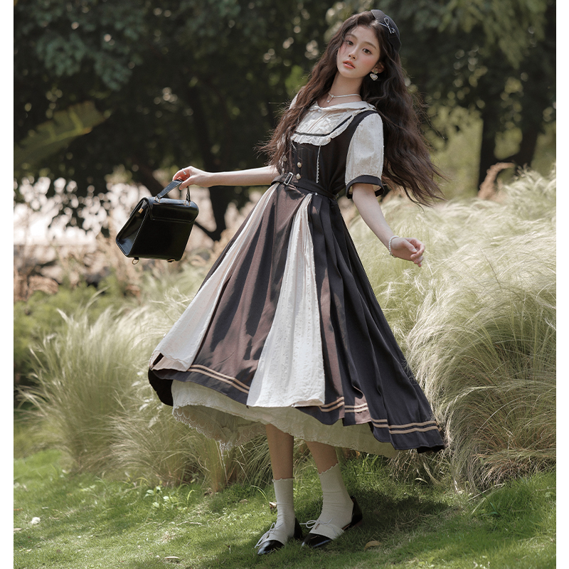 Bow pinched waist slim dress lace A-line long dress for women