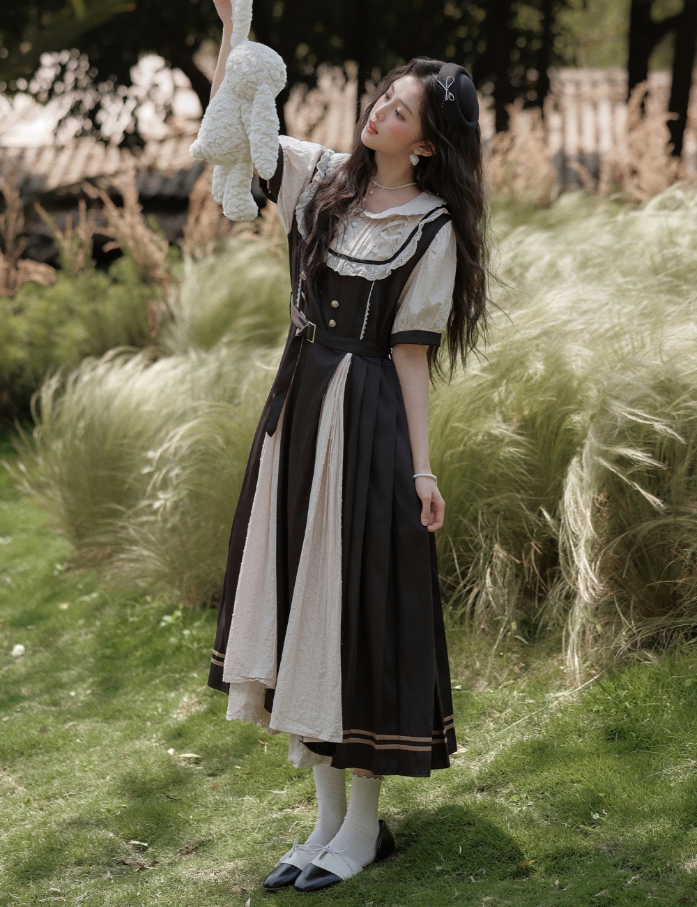 Bow pinched waist slim dress lace A-line long dress for women