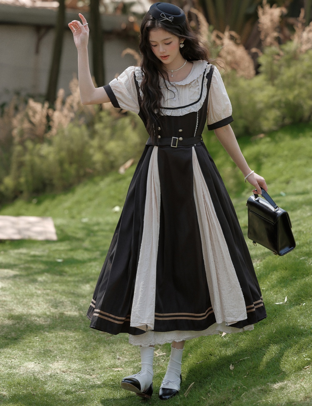 Bow pinched waist slim dress lace A-line long dress for women