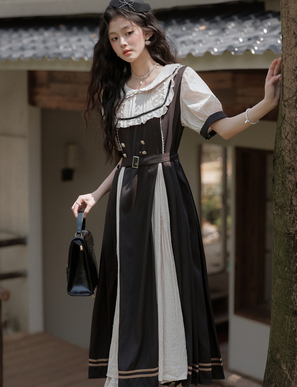 Bow pinched waist slim dress lace A-line long dress for women