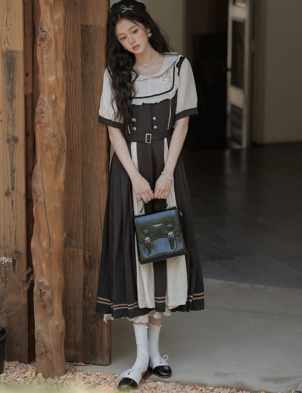 Bow pinched waist slim dress lace A-line long dress for women