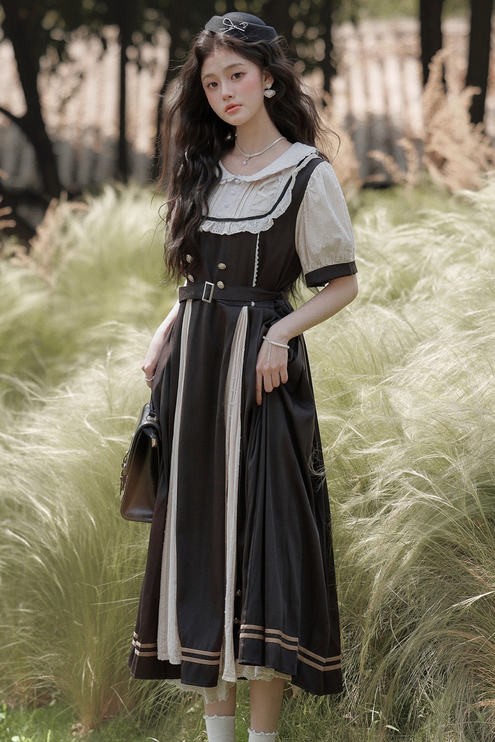 Bow pinched waist slim dress lace A-line long dress for women