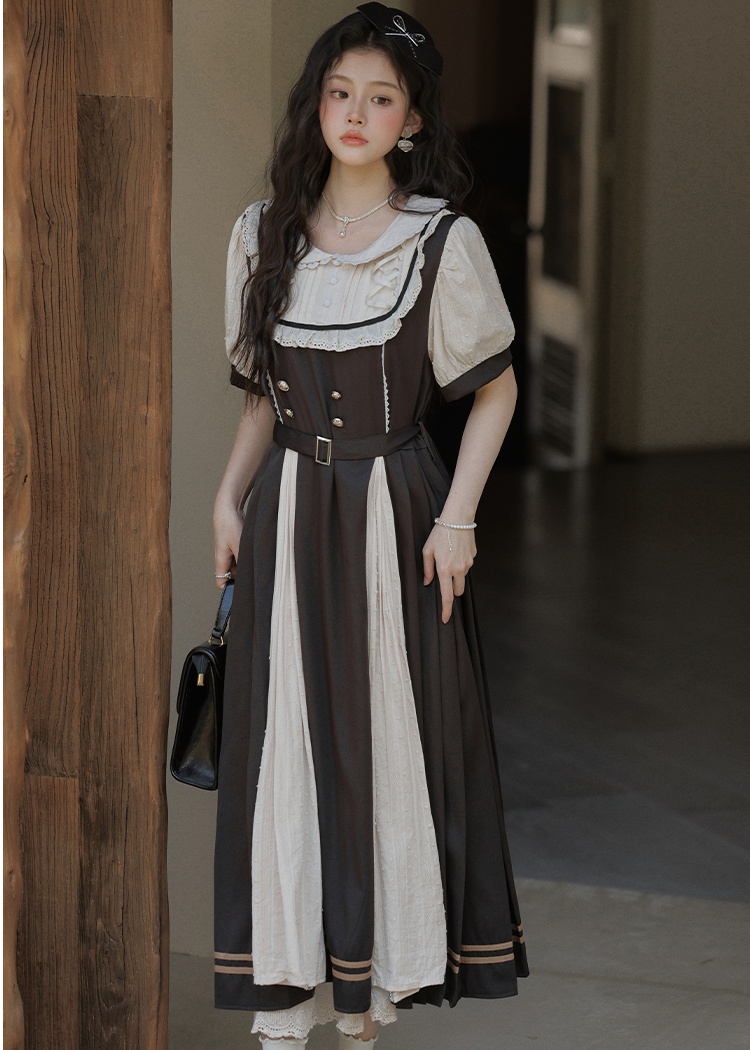 Bow pinched waist slim dress lace A-line long dress for women