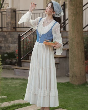 Pastoral style) big skirt court style retro lace splice dress