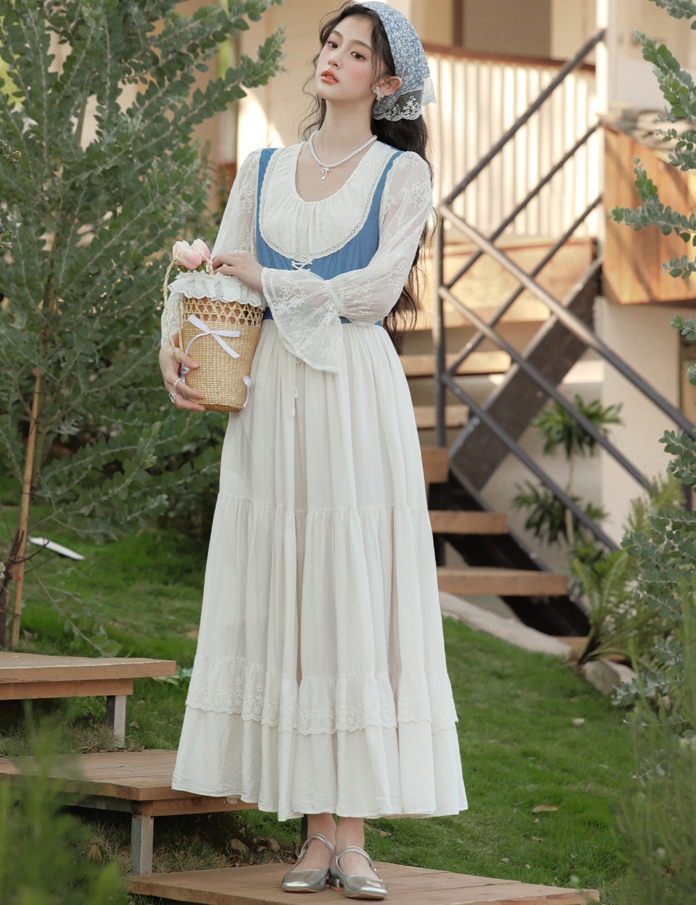 Pastoral style) big skirt court style retro lace splice dress