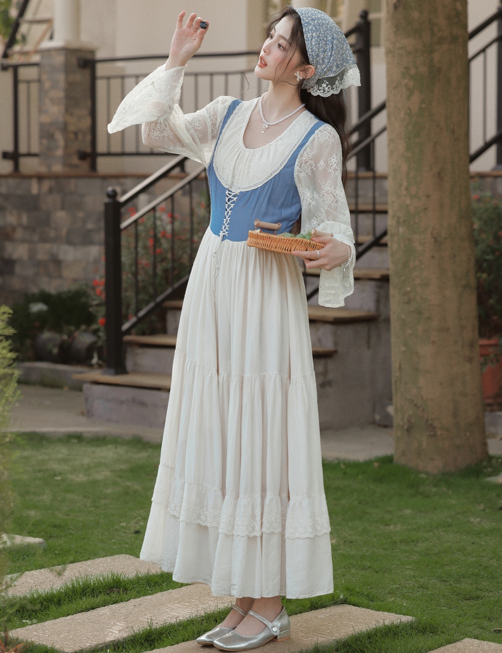 Pastoral style) big skirt court style retro lace splice dress