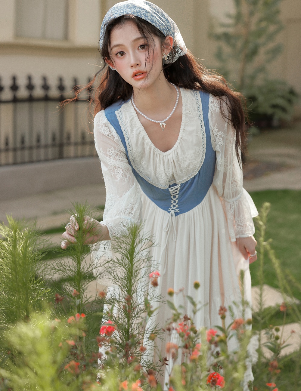 Pastoral style) big skirt court style retro lace splice dress