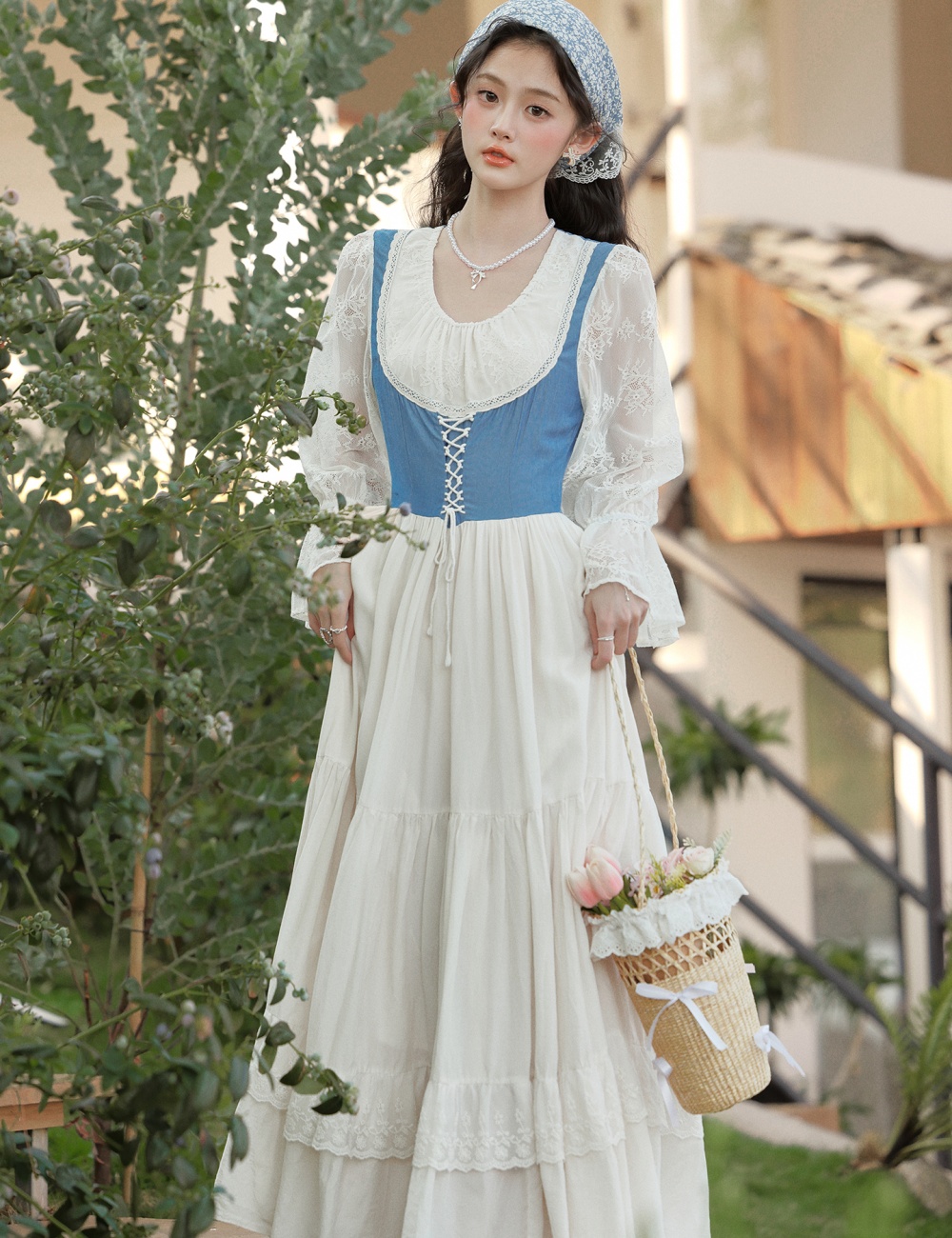 Pastoral style) big skirt court style retro lace splice dress