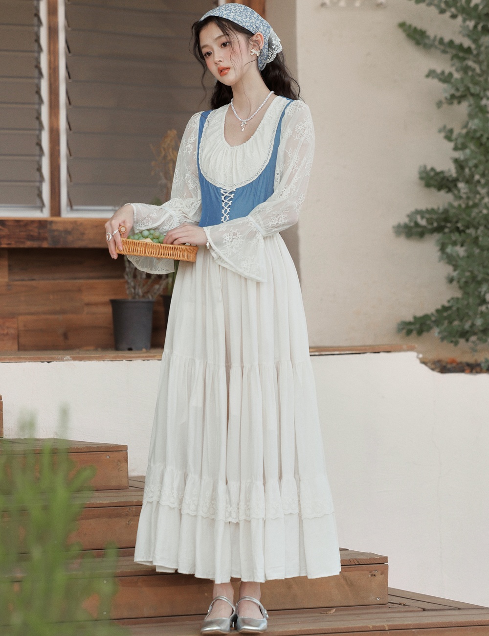 Pastoral style) big skirt court style retro lace splice dress