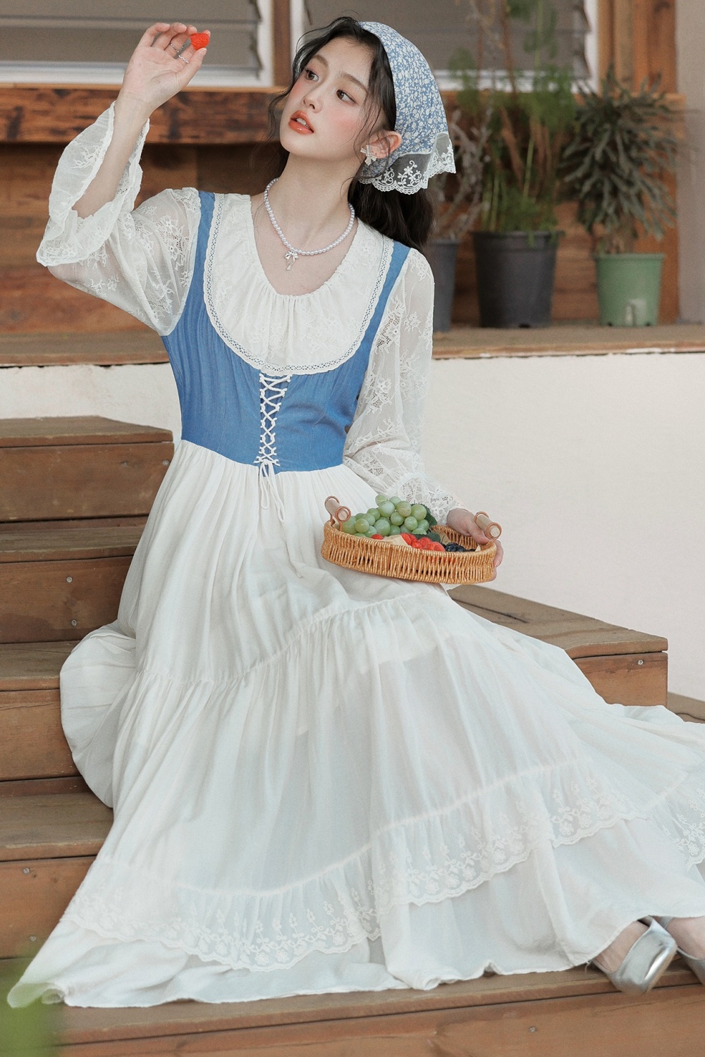 Pastoral style) big skirt court style retro lace splice dress