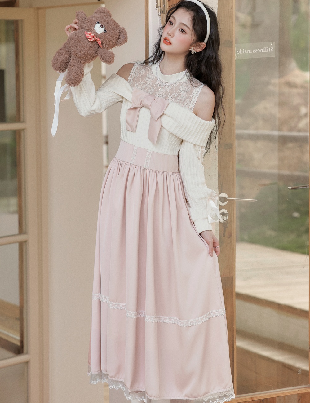 Pinched waist bandage dress long sleeve long dress