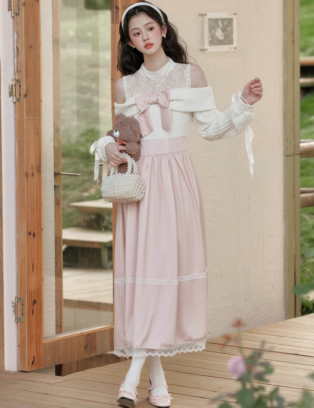 Pinched waist bandage dress long sleeve long dress