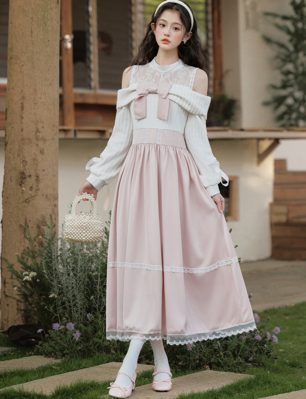 Pinched waist bandage dress long sleeve long dress