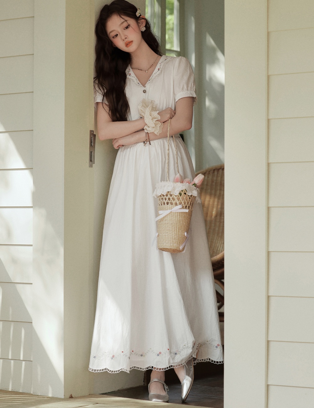 Tender embroidered colors pinched waist art dress