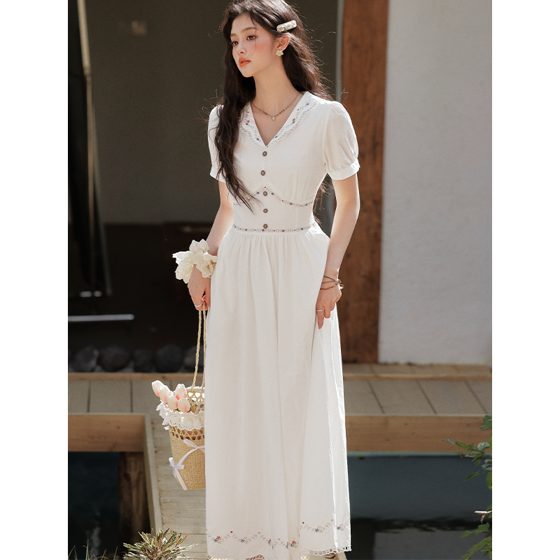 Tender embroidered colors pinched waist art dress