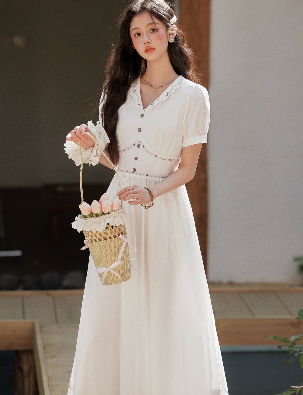 Tender embroidered colors pinched waist art dress