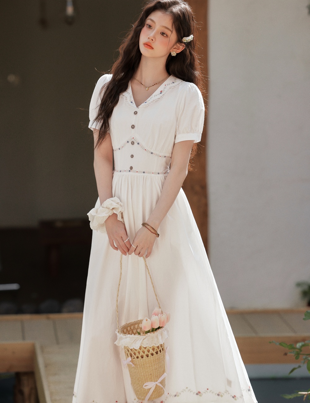 Tender embroidered colors pinched waist art dress