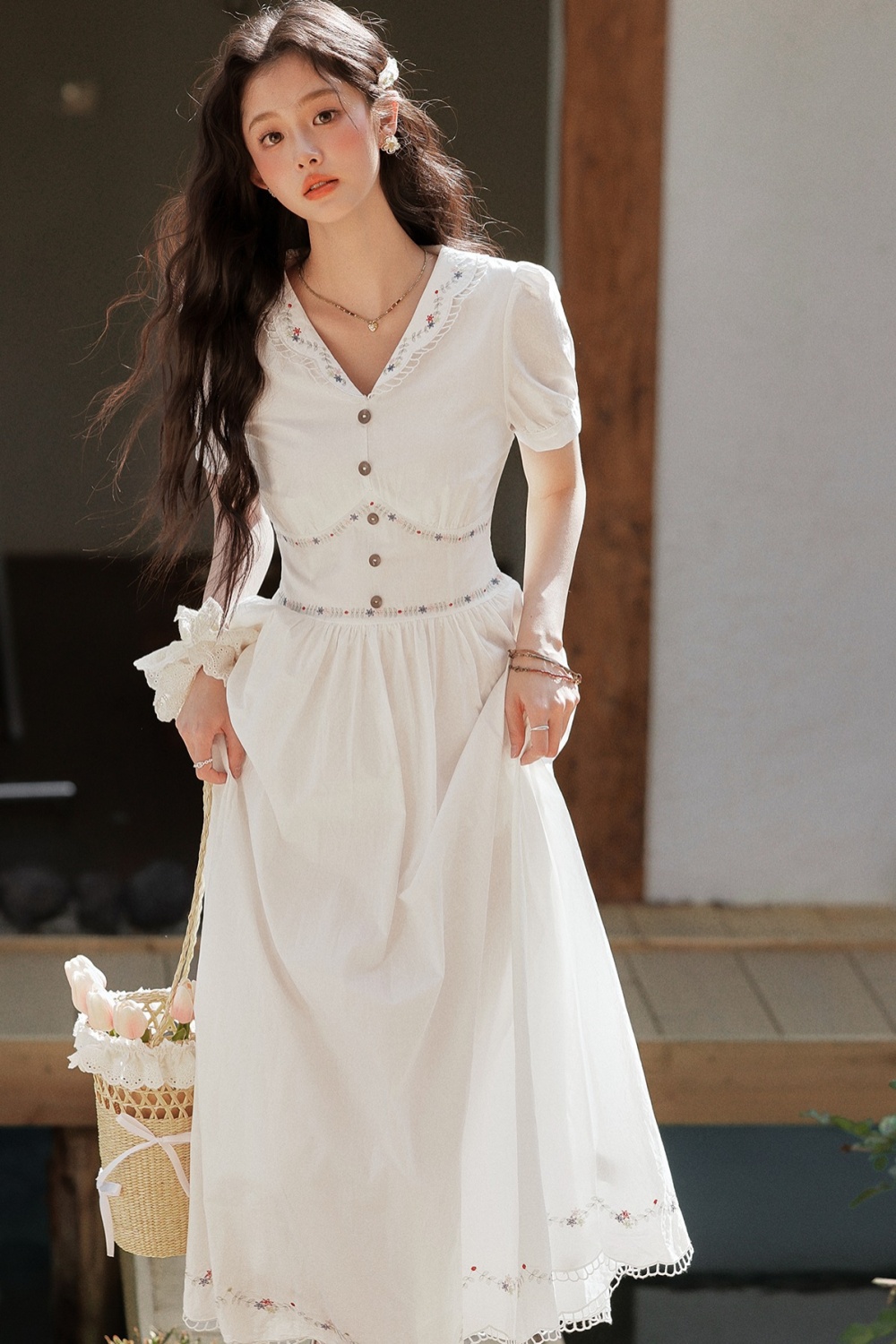 Tender embroidered colors pinched waist art dress