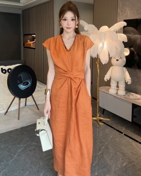 Summer pullover not fade high waist pure flax slim dress