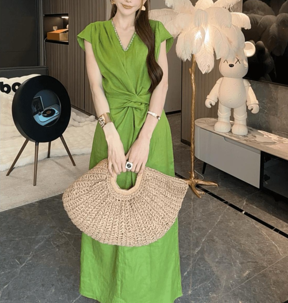 Summer pullover not fade high waist pure flax slim dress