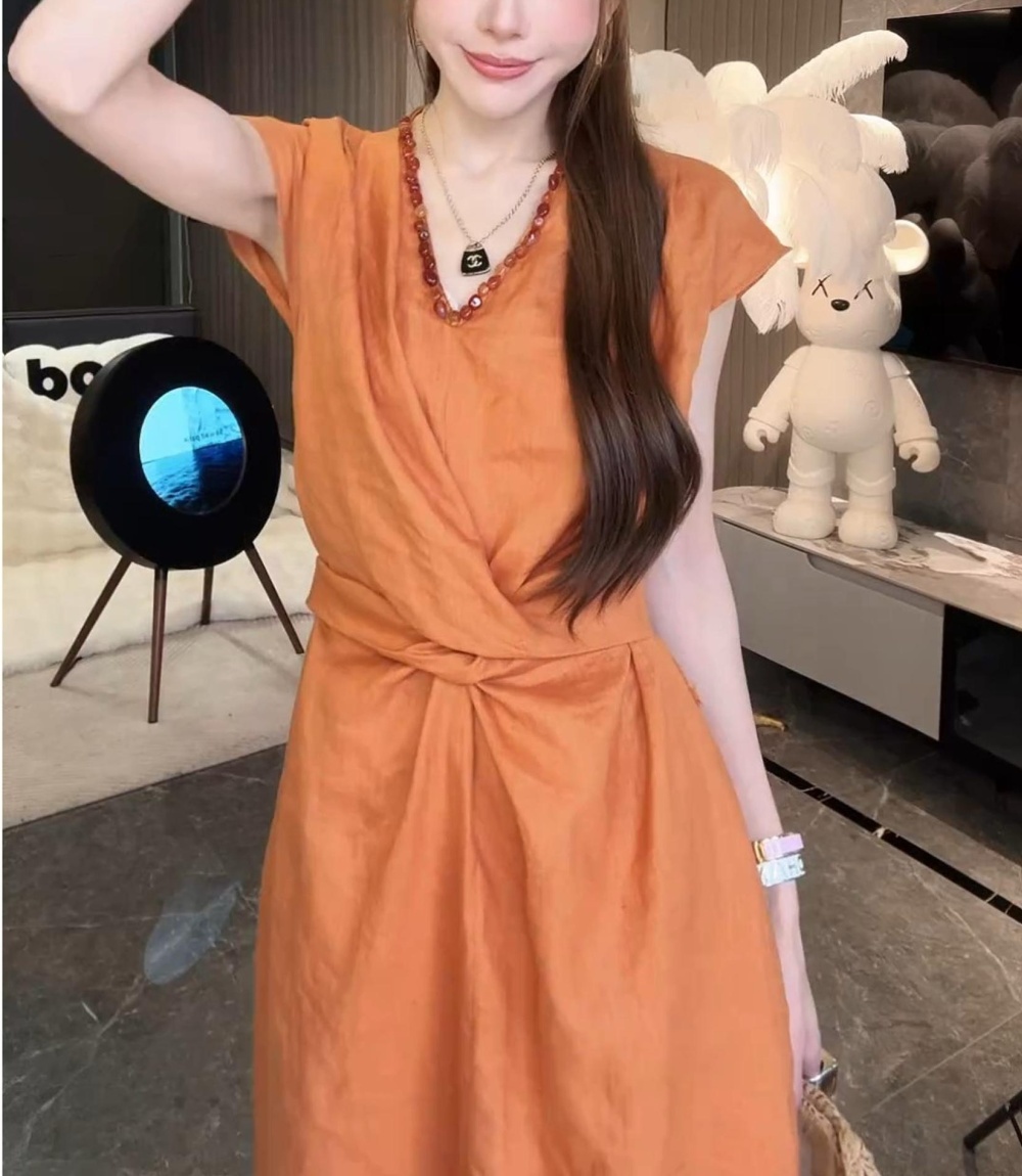 Summer pullover not fade high waist pure flax slim dress