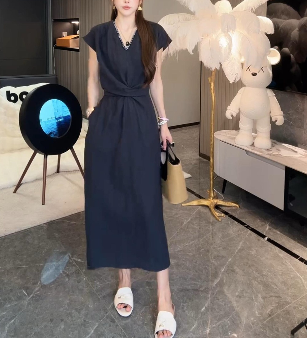 Summer pullover not fade high waist pure flax slim dress