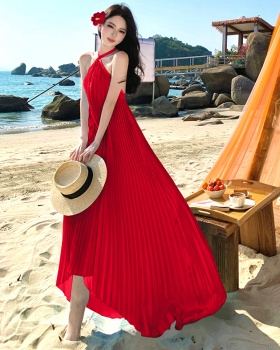 Halter blue sexy was white loose pleated irregular dress