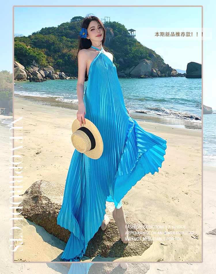 Halter blue sexy was white loose pleated irregular dress