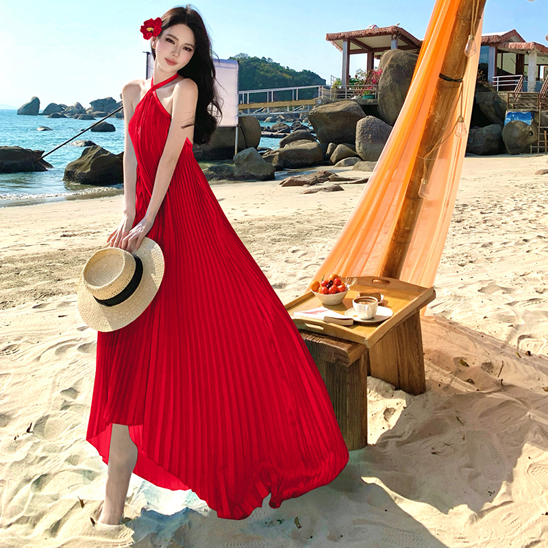 Halter blue sexy was white loose pleated irregular dress