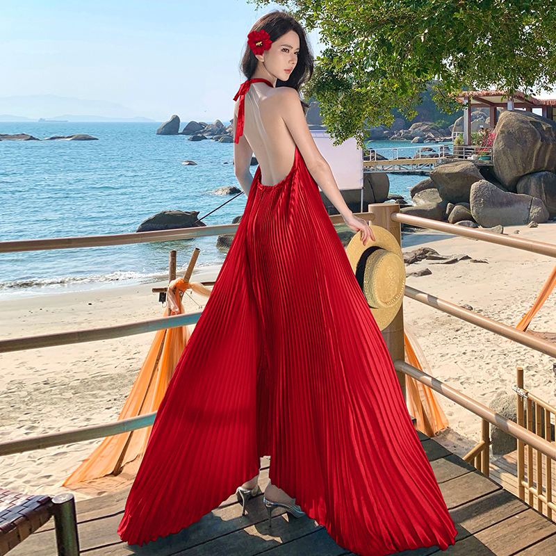 Halter blue sexy was white loose pleated irregular dress