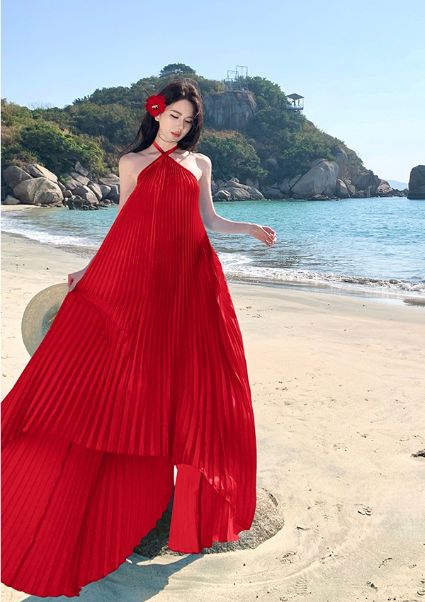 Halter blue sexy was white loose pleated irregular dress