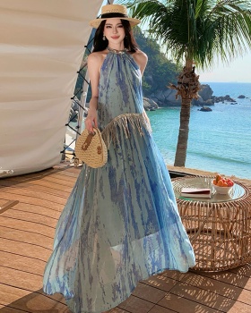 Chinese style halter vacation tassels sequins dress