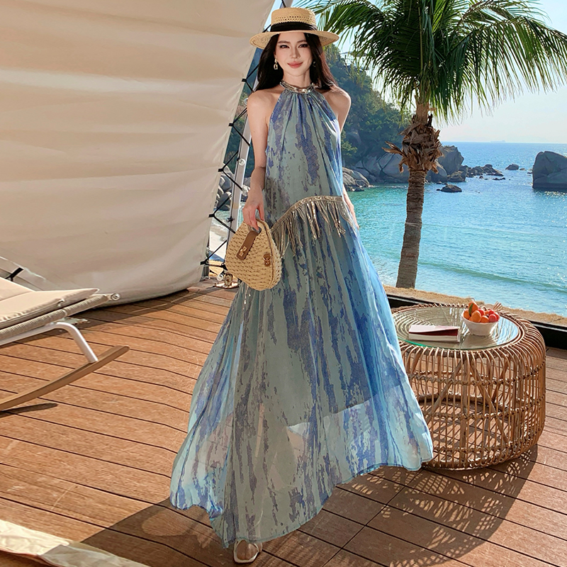 Chinese style halter vacation tassels sequins dress