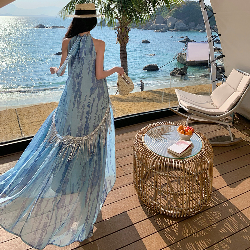 Chinese style halter vacation tassels sequins dress