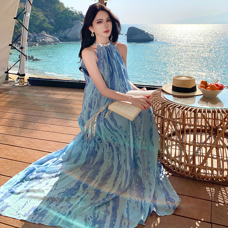 Chinese style halter vacation tassels sequins dress