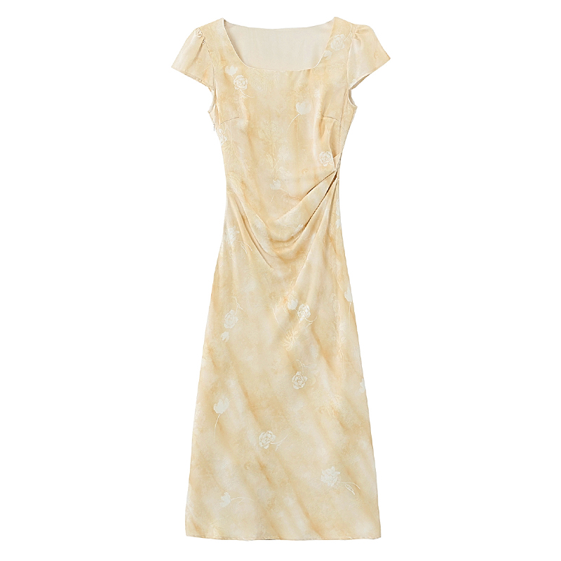 Yellow rose jacquard short sleeve summer dress