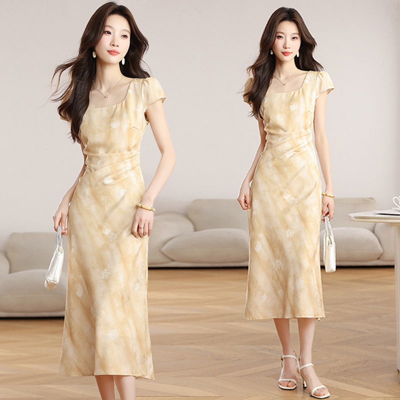 Yellow rose jacquard short sleeve summer dress