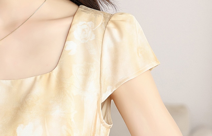 Yellow rose jacquard short sleeve summer dress