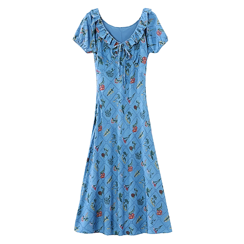 Pinched waist short sleeve lotus leaf collar dress