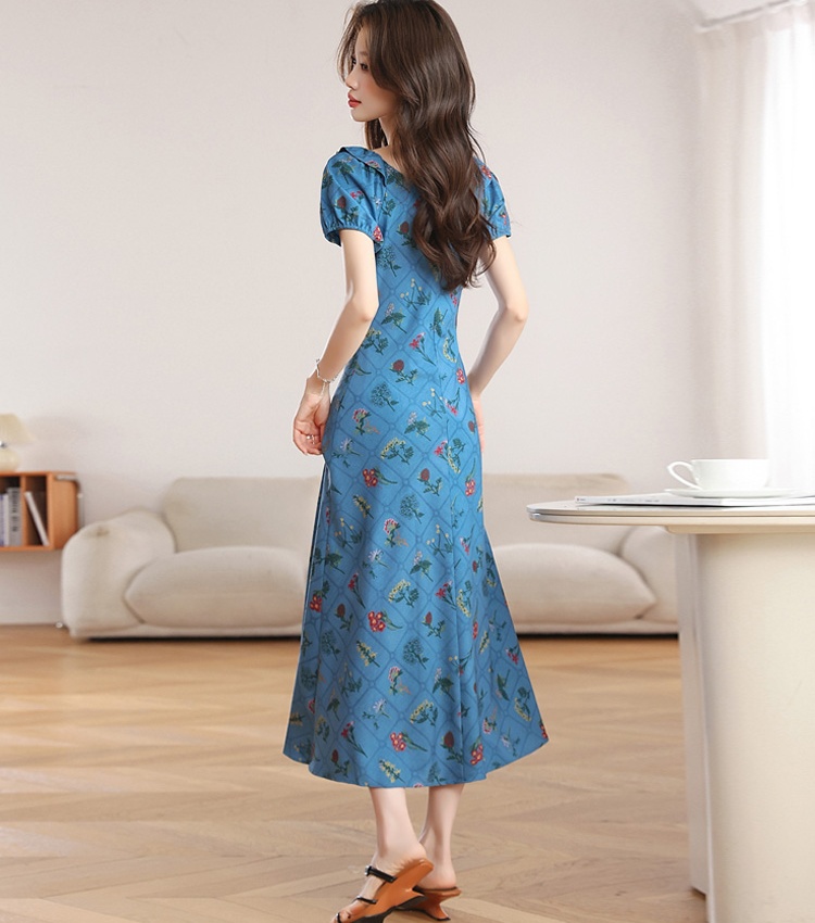 Pinched waist short sleeve lotus leaf collar dress