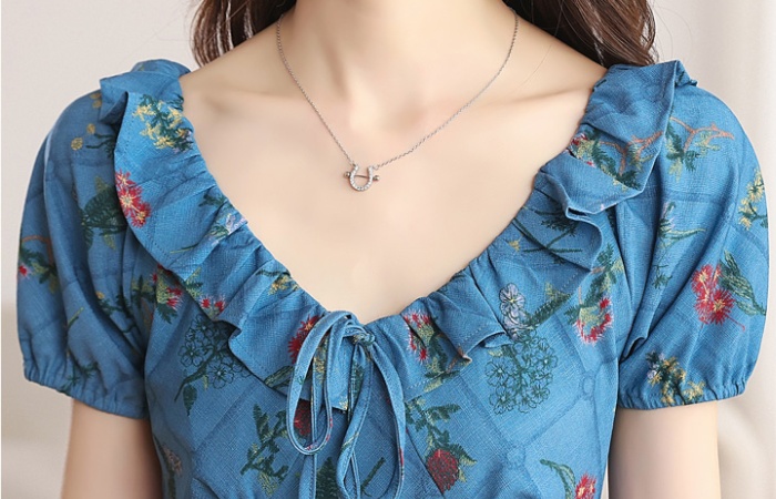 Pinched waist short sleeve lotus leaf collar dress