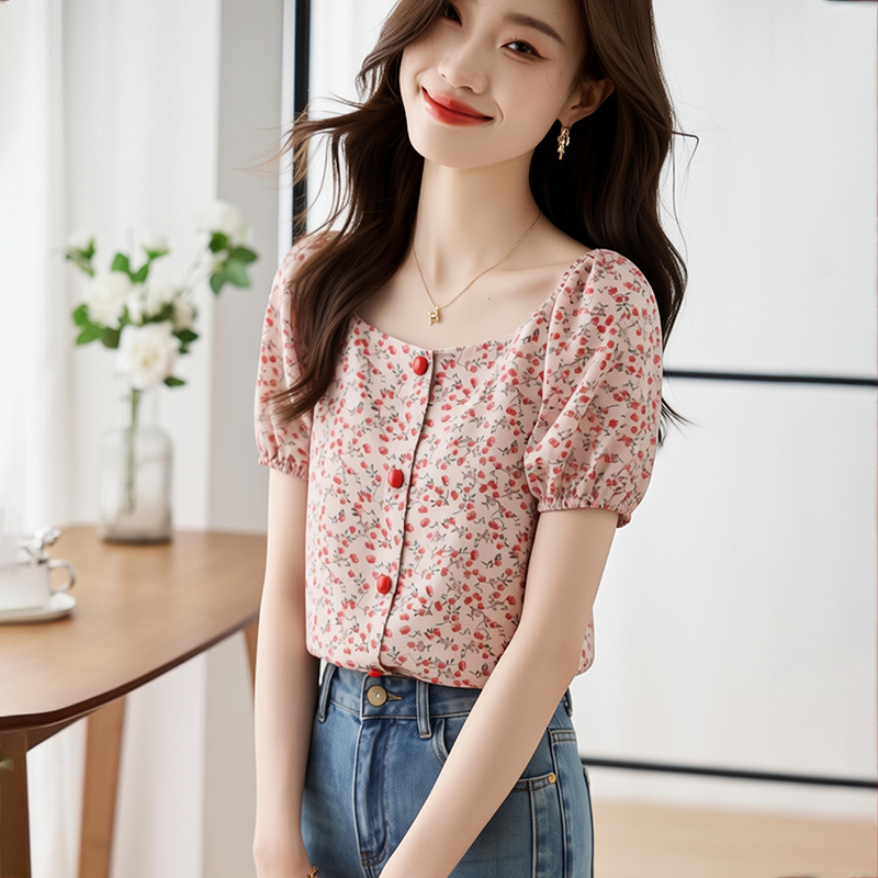 Chiffon Korean style refreshing printing floral summer shirt