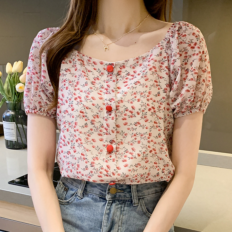 Chiffon Korean style refreshing printing floral summer shirt